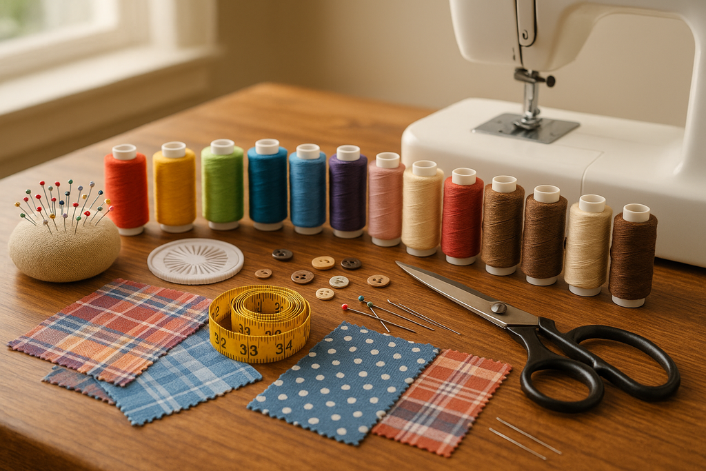 Sewing materials neatly arranged on a wooden table, including colorful thread spools, fabric scissors, measuring tape, pins, needles, buttons, fabric swatches, a pincushion, and a sewing machine in the background